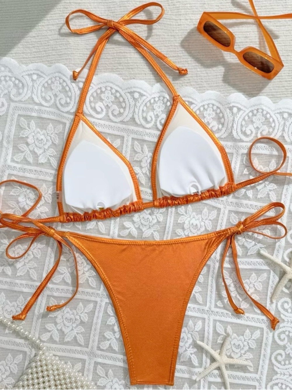 Shimmering Orange Triangle Halter Side Tie Bikini Set - Picture 4 of 9
